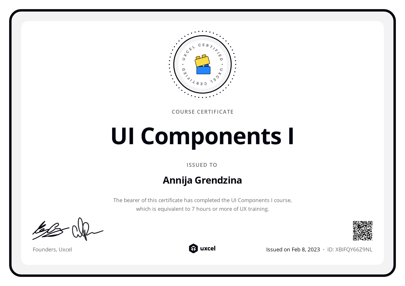 Annija Grendzina's certificate